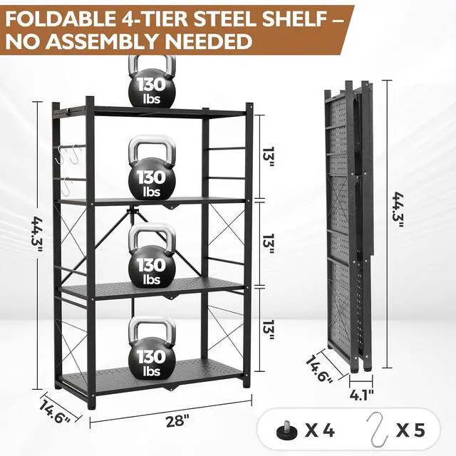 Alt view image 2 of 7 - 4-Tier Foldable Greenhouse Shelf, Heavy Duty Metal Storage Rack, No Assembly Steel Shelving Unit, Plant Stand for Greenhouse and Multi-Use Storage, 28x14.6x44.7, 520 lbs, 1 Pack, Black
