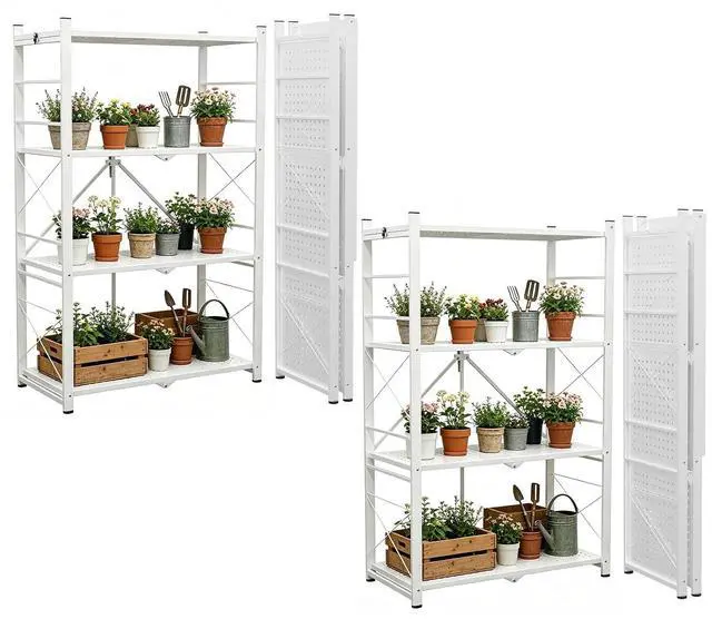 Main image of 4-Tier Foldable Greenhouse Shelf, Heavy Duty Metal Storage Rack, No Assembly Steel Shelving Unit, Plant Stand for Greenhouse and Multi-Use Storage, 28x14.6x44.7, 520 lbs, 2 Pack, White