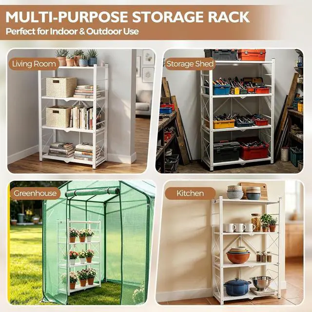Alt view image 7 of 7 - 4-Tier Foldable Greenhouse Shelf, Heavy Duty Metal Storage Rack, No Assembly Steel Shelving Unit, Plant Stand for Greenhouse and Multi-Use Storage, 28x14.6x44.7, 520 lbs, 1 Pack, White