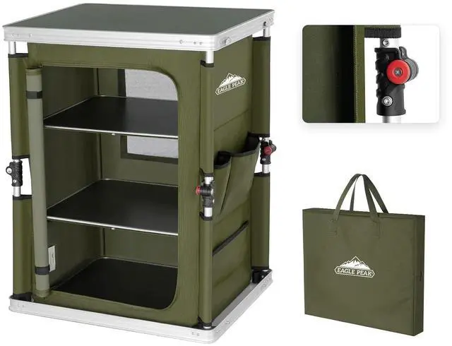 Main image of Outdoor Folding Camping Table with Large 3-Tier Storage Organizer and Side Pockets, Easy Set Up Portable Aluminum Camping Kitchen, Green