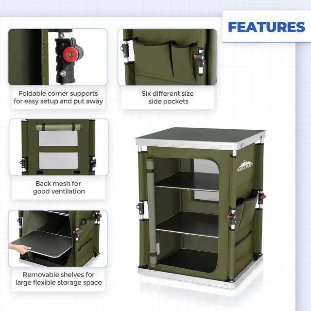 Alt view image 4 of 7 - Outdoor Folding Camping Table with Large 3-Tier Storage Organizer and Side Pockets, Easy Set Up Portable Aluminum Camping Kitchen, Green