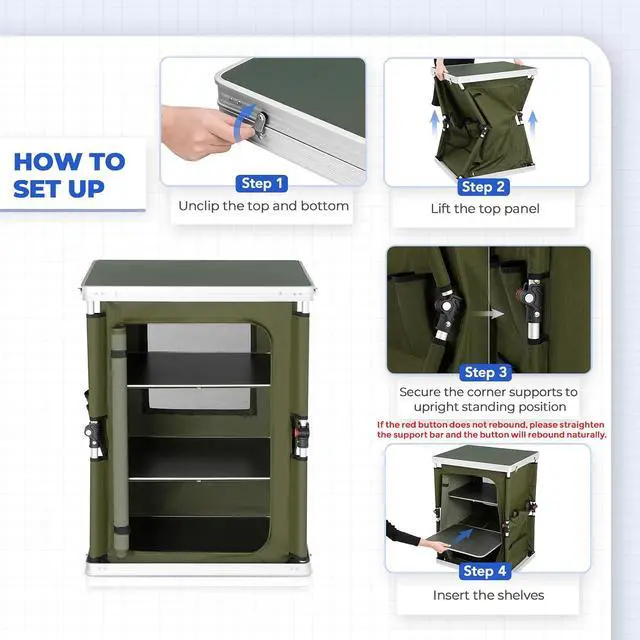 Alt view image 6 of 7 - Outdoor Folding Camping Table with Large 3-Tier Storage Organizer and Side Pockets, Easy Set Up Portable Aluminum Camping Kitchen, Green