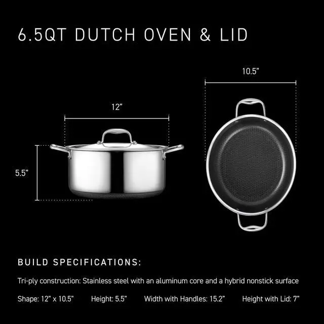 Alt view image 3 of 7 - Hybrid Nonstick 6.5-Quart Oval Dutch Oven with Stainless Steel Lid, Stay-Cool Handles, Dishwasher-Friendly, Oven-Safe Up to 900°F, Induction Ready, Compatible with All Cooktops