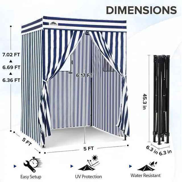 Alt view image 3 of 7 - 5x5 Pop Up Changing Tent, Flat Top Changing Room, White/Blue | Portable, Privacy Tent, Pool Cabana, Dressing Room, Shower & Toilet Use, Opaque Fabric, Instant Setup, Photoshoots, Camping