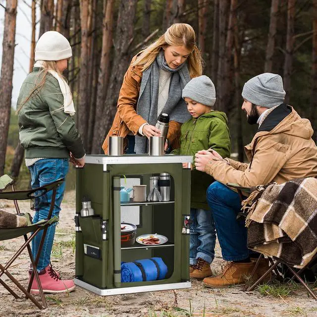 Alt view image 2 of 7 - Outdoor Folding Camping Table with Large 3-Tier Storage Organizer and Side Pockets, Easy Set Up Portable Aluminum Camping Kitchen, Green