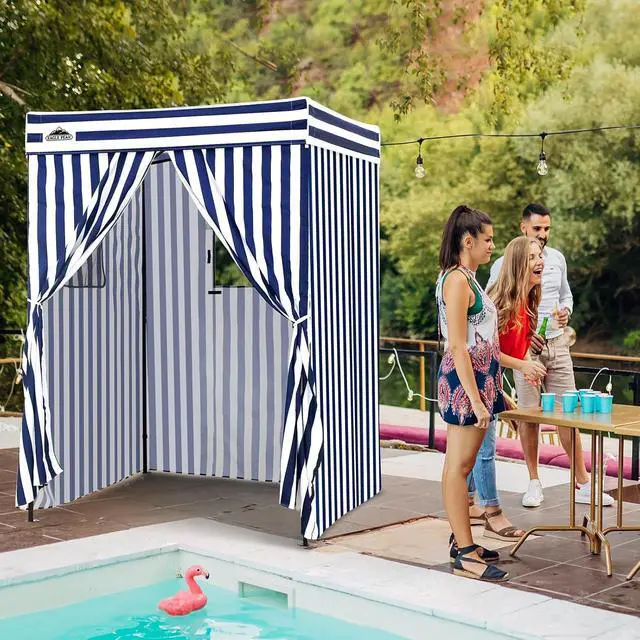 Alt view image 5 of 7 - 5x5 Pop Up Changing Tent, Flat Top Changing Room, White/Blue | Portable, Privacy Tent, Pool Cabana, Dressing Room, Shower & Toilet Use, Opaque Fabric, Instant Setup, Photoshoots, Camping