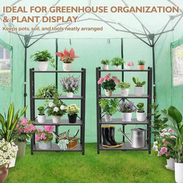 Alt view image 5 of 7 - 4-Tier Foldable Greenhouse Shelf, Heavy Duty Metal Storage Rack, No Assembly Steel Shelving Unit, Plant Stand for Greenhouse and Multi-Use Storage, 28x14.6x44.7, 520 lbs, 1 Pack, Black