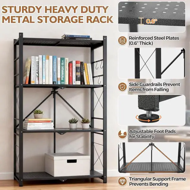 Alt view image 6 of 7 - 4-Tier Foldable Greenhouse Shelf, Heavy Duty Metal Storage Rack, No Assembly Steel Shelving Unit, Plant Stand for Greenhouse and Multi-Use Storage, 28x14.6x44.7, 520 lbs, 1 Pack, Black