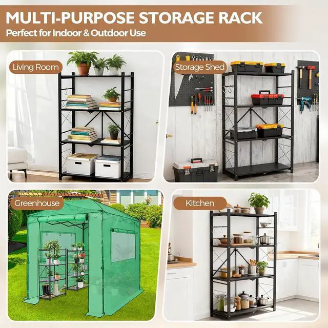 Alt view image 7 of 7 - 4-Tier Foldable Greenhouse Shelf, Heavy Duty Metal Storage Rack, No Assembly Steel Shelving Unit, Plant Stand for Greenhouse and Multi-Use Storage, 28x14.6x44.7, 520 lbs, 1 Pack, Black