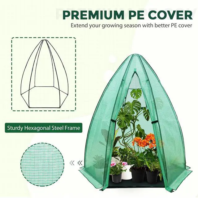 Alt view image 2 of 7 - Portable Mini Dome Greenhouse with Zippered Door and Mesh Window, Outdoor Mini Hexagon Greenhouse Kit for Indoor Outdoor Gardening 6' x 5'3'', Green PE Cover