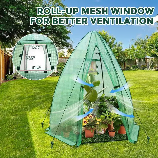 Alt view image 4 of 7 - Portable Mini Dome Greenhouse with Zippered Door and Mesh Window, Outdoor Mini Hexagon Greenhouse Kit for Indoor Outdoor Gardening 6' x 5'3'', Green PE Cover