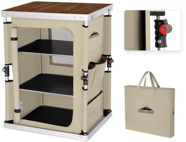 Main image of Outdoor Folding Camping Table with Large 3-Tier Storage Organizer and Side Pockets, Easy Set Up Portable Aluminum Camping Kitchen, Beige