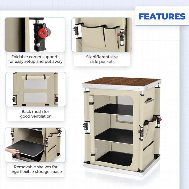 Alt view image 4 of 7 - Outdoor Folding Camping Table with Large 3-Tier Storage Organizer and Side Pockets, Easy Set Up Portable Aluminum Camping Kitchen, Beige
