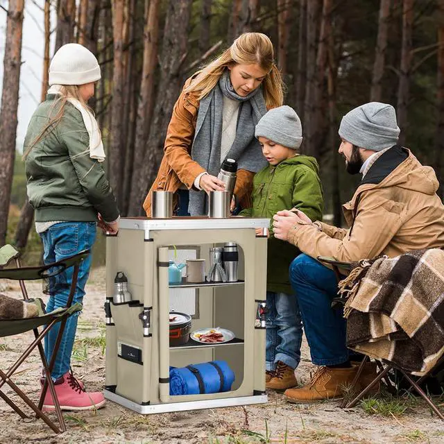 Alt view image 2 of 7 - Outdoor Folding Camping Table with Large 3-Tier Storage Organizer and Side Pockets, Easy Set Up Portable Aluminum Camping Kitchen, Beige