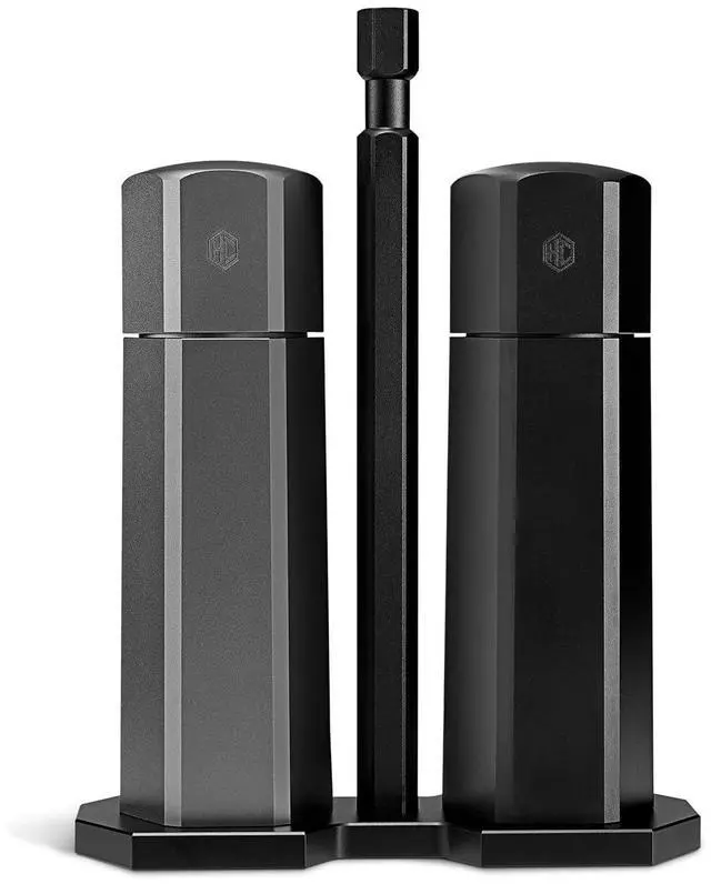 Main image of HexMill Tabletop Salt and Pepper Grinder Set with Stand, 10 Adjustable Grind Settings, High-Efficiency Burr, Solid Milled Aluminum Build, Easy-Fill Cap, Convenient 5.25" Size for Tabletop Use