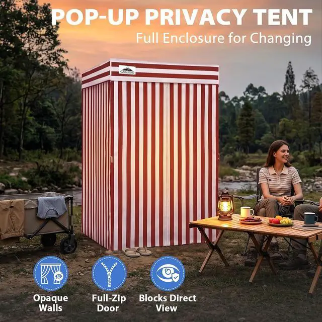 Alt view image 4 of 7 - 4x4 Pop Up Changing Tent, Flat Top Changing Room, White/Red | Portable, Privacy Tent, Pool Cabana, Dressing Room, Shower & Toilet Use, Opaque Fabric, Instant Setup, Photoshoots, Camping