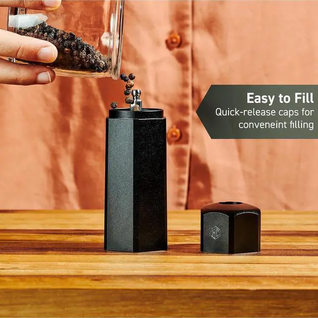 Alt view image 3 of 7 - HexMill Tabletop Salt and Pepper Grinder Set with Stand, 10 Adjustable Grind Settings, High-Efficiency Burr, Solid Milled Aluminum Build, Easy-Fill Cap, Convenient 5.25" Size for Tabletop Use