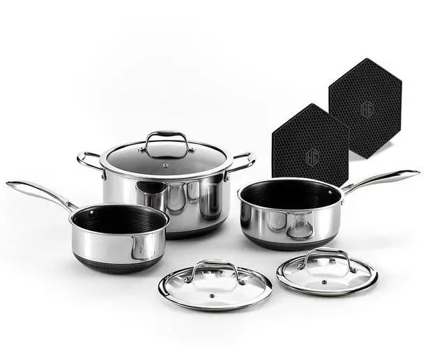 Main image of Hybrid Nonstick 6-Piece Pot Set with 2 Silicone Trivets, 2, 3, and 8-Quart Pots with Tempered Glass Lids, Stay-Cool Handles, Dishwasher-Friendly, Induction Ready, Compatible with All Cooktops