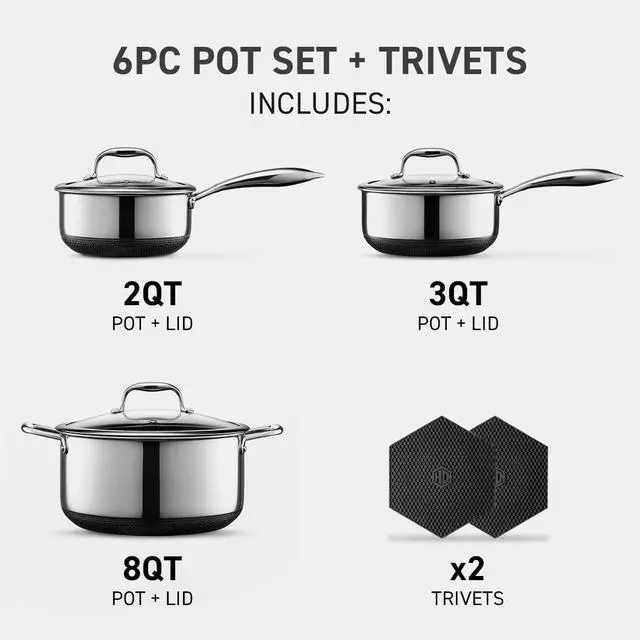 Alt view image 6 of 7 - Hybrid Nonstick 6-Piece Pot Set with 2 Silicone Trivets, 2, 3, and 8-Quart Pots with Tempered Glass Lids, Stay-Cool Handles, Dishwasher-Friendly, Induction Ready, Compatible with All Cooktops