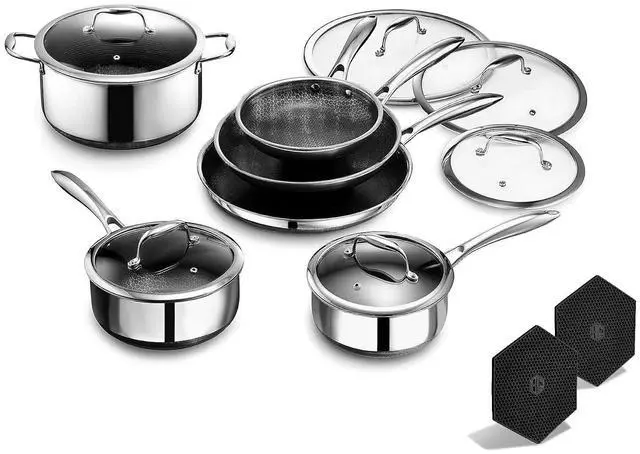 Main image of Hybrid Nonstick 14-Piece Cookware Set, 8", 10", and 12" Pans with Lids, 2, 3, and 8Qt Pots with Lids, and 2 Silicone Trivets, Stay-Cool Handles, Dishwasher and Oven-Safe, Induction Ready