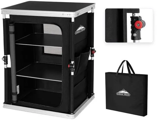 Main image of Outdoor Folding Camping Table with Large 3-Tier Storage Organizer and Side Pockets, Easy Set Up Portable Aluminum Camping Kitchen, Black