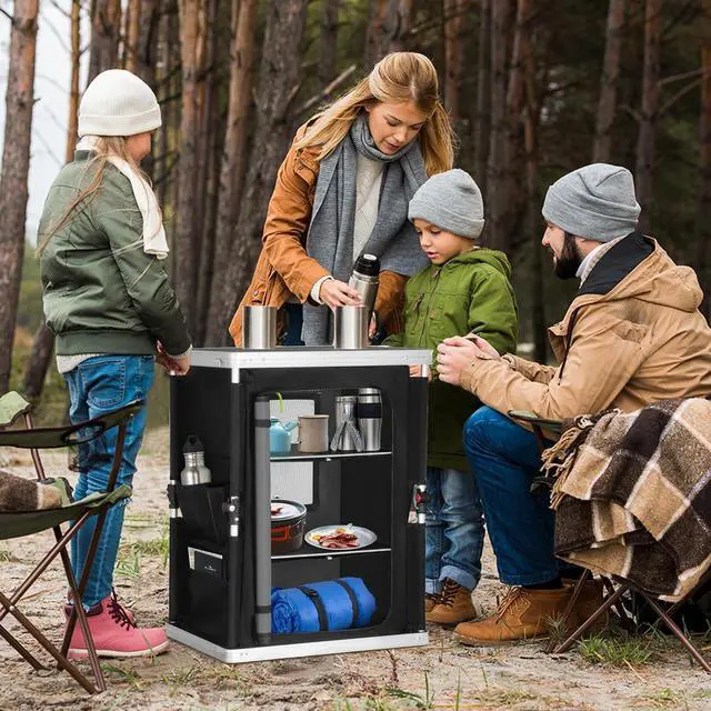 Alt view image 2 of 7 - Outdoor Folding Camping Table with Large 3-Tier Storage Organizer and Side Pockets, Easy Set Up Portable Aluminum Camping Kitchen, Black