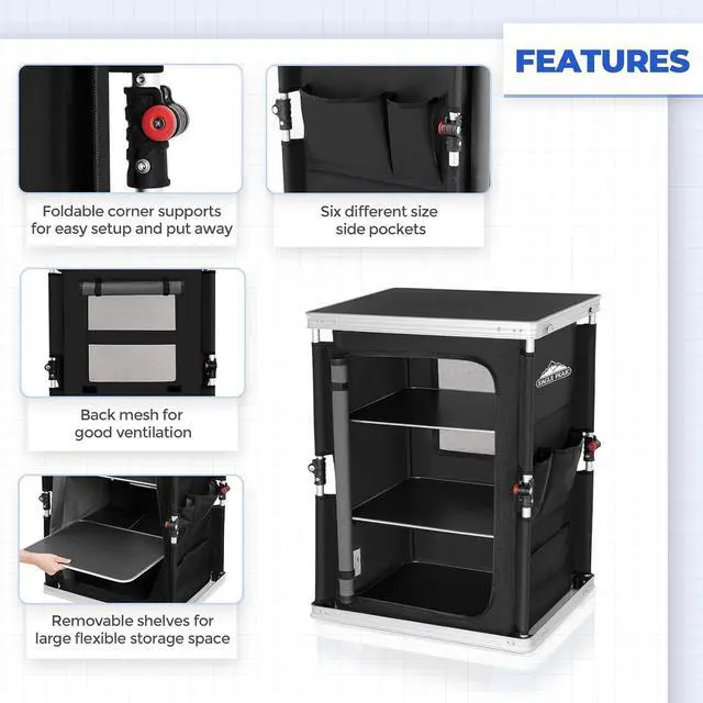 Alt view image 4 of 7 - Outdoor Folding Camping Table with Large 3-Tier Storage Organizer and Side Pockets, Easy Set Up Portable Aluminum Camping Kitchen, Black