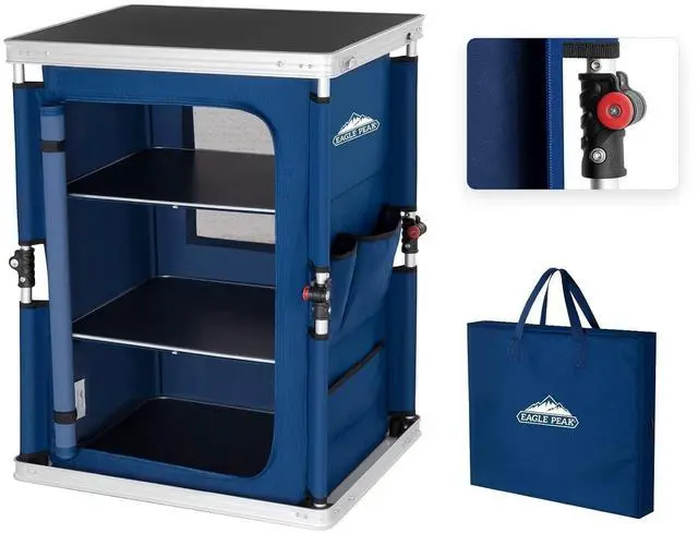 Main image of Outdoor Folding Camping Table with Large 3-Tier Storage Organizer and Side Pockets, Easy Set Up Portable Aluminum Camping Kitchen, Blue