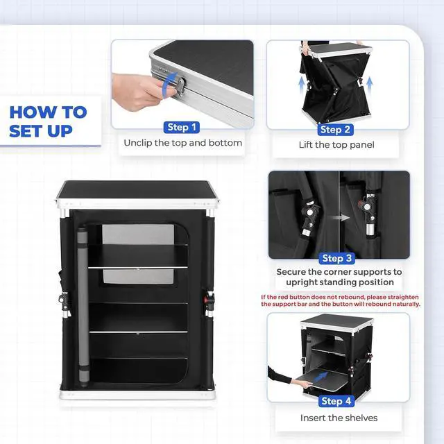 Alt view image 6 of 7 - Outdoor Folding Camping Table with Large 3-Tier Storage Organizer and Side Pockets, Easy Set Up Portable Aluminum Camping Kitchen, Black