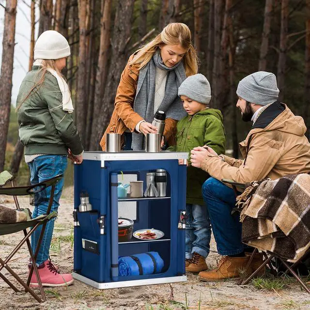 Alt view image 2 of 7 - Outdoor Folding Camping Table with Large 3-Tier Storage Organizer and Side Pockets, Easy Set Up Portable Aluminum Camping Kitchen, Blue