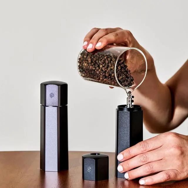 Alt view image 6 of 7 - HexMill Tabletop Salt and Pepper Grinder Set with Stand, 10 Adjustable Grind Settings, High-Efficiency Burr, Solid Milled Aluminum Build, Easy-Fill Cap, Convenient 5.25" Size for Tabletop Use