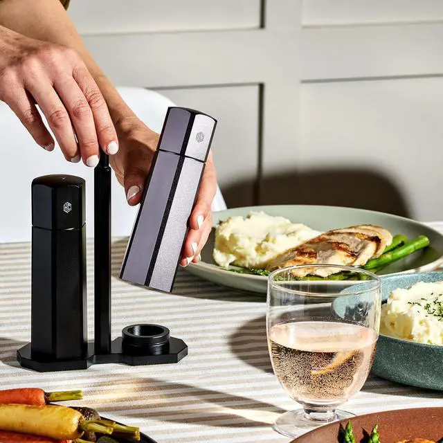 Alt view image 7 of 7 - HexMill Tabletop Salt and Pepper Grinder Set with Stand, 10 Adjustable Grind Settings, High-Efficiency Burr, Solid Milled Aluminum Build, Easy-Fill Cap, Convenient 5.25" Size for Tabletop Use