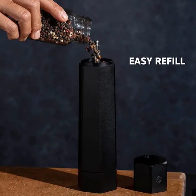 Alt view image 6 of 7 - HexMill Pepper Grinder, Professional Grade Heavy Duty, Refillable, Aluminum Matte Black, Adjustable Ten Coarse Grind Settings