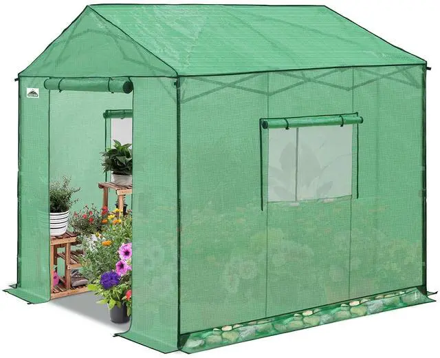 Main image of 8x8 Portable Pop Up Greenhouse, Patented Center Lock Easy One Person Setup, Walk-in Outdoor Greenhouse with Gable Roof, Weight Bags, Zippered Doors & Windows, Green