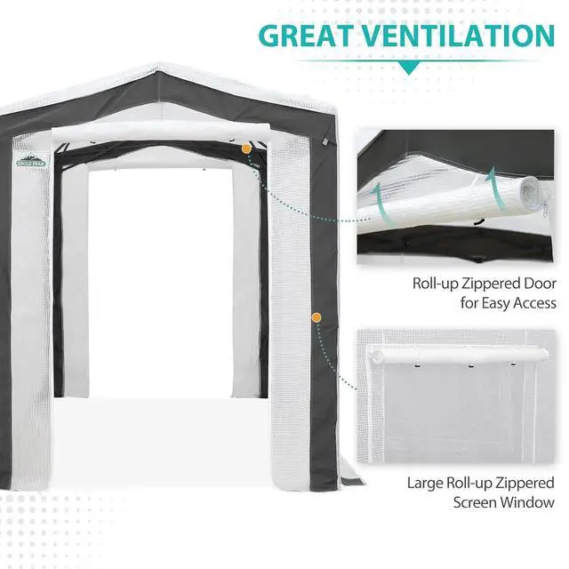 Alt view image 2 of 7 - 8x6 Portable Walk in Greenhouse with Polyester Reinforced Corners, Instant Pop Up Indoor Outdoor Gardening Green House, Roll Up Zipper Entry Doors and Mesh Windows, Gray/White