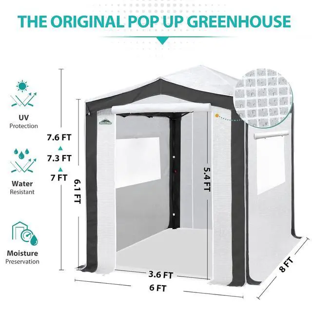 Alt view image 3 of 7 - 8x6 Portable Walk in Greenhouse with Polyester Reinforced Corners, Instant Pop Up Indoor Outdoor Gardening Green House, Roll Up Zipper Entry Doors and Mesh Windows, Gray/White