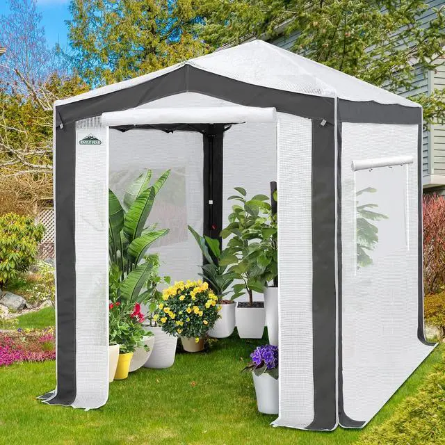 Alt view image 5 of 7 - 8x6 Portable Walk in Greenhouse with Polyester Reinforced Corners, Instant Pop Up Indoor Outdoor Gardening Green House, Roll Up Zipper Entry Doors and Mesh Windows, Gray/White