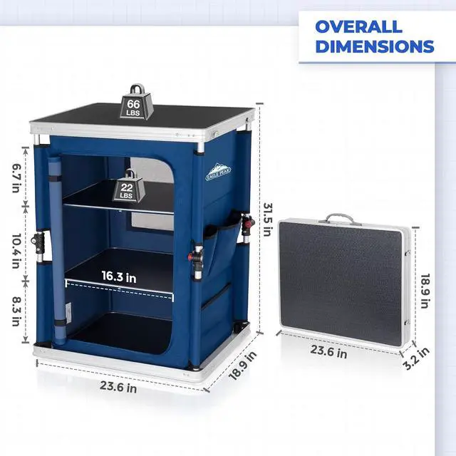 Alt view image 3 of 7 - Outdoor Folding Camping Table with Large 3-Tier Storage Organizer and Side Pockets, Easy Set Up Portable Aluminum Camping Kitchen, Blue