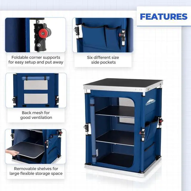 Alt view image 4 of 7 - Outdoor Folding Camping Table with Large 3-Tier Storage Organizer and Side Pockets, Easy Set Up Portable Aluminum Camping Kitchen, Blue