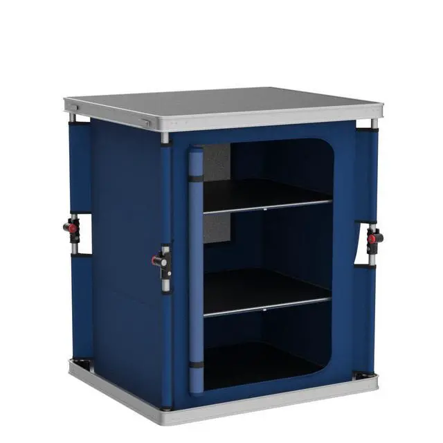 Alt view image 6 of 7 - Outdoor Folding Camping Table with Large 3-Tier Storage Organizer and Side Pockets, Easy Set Up Portable Aluminum Camping Kitchen, Blue