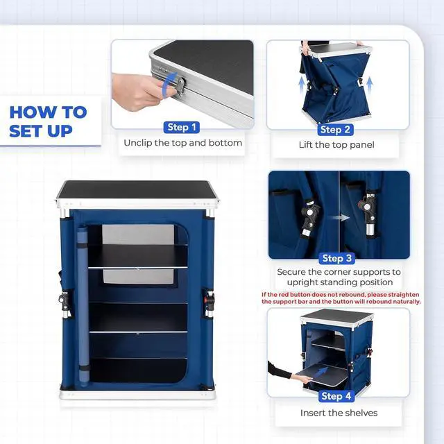 Alt view image 7 of 7 - Outdoor Folding Camping Table with Large 3-Tier Storage Organizer and Side Pockets, Easy Set Up Portable Aluminum Camping Kitchen, Blue