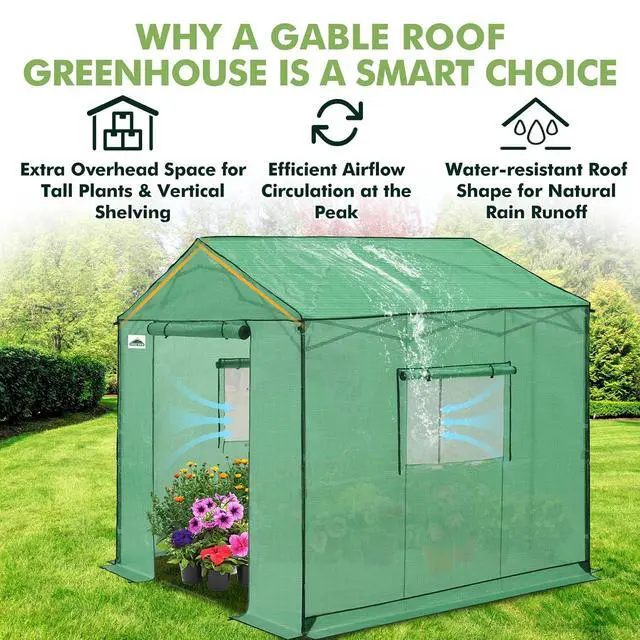 Alt view image 2 of 7 - 8x8 Portable Pop Up Greenhouse, Patented Center Lock Easy One Person Setup, Walk-in Outdoor Greenhouse with Gable Roof, Weight Bags, Zippered Doors & Windows, Green