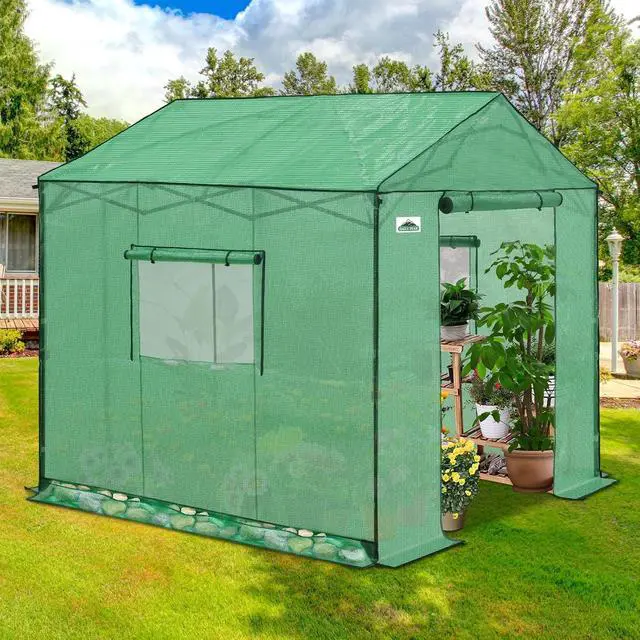 Alt view image 5 of 7 - 8x8 Portable Pop Up Greenhouse, Patented Center Lock Easy One Person Setup, Walk-in Outdoor Greenhouse with Gable Roof, Weight Bags, Zippered Doors & Windows, Green