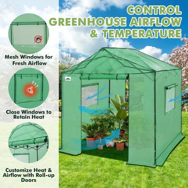 Alt view image 6 of 7 - 8x8 Portable Pop Up Greenhouse, Patented Center Lock Easy One Person Setup, Walk-in Outdoor Greenhouse with Gable Roof, Weight Bags, Zippered Doors & Windows, Green