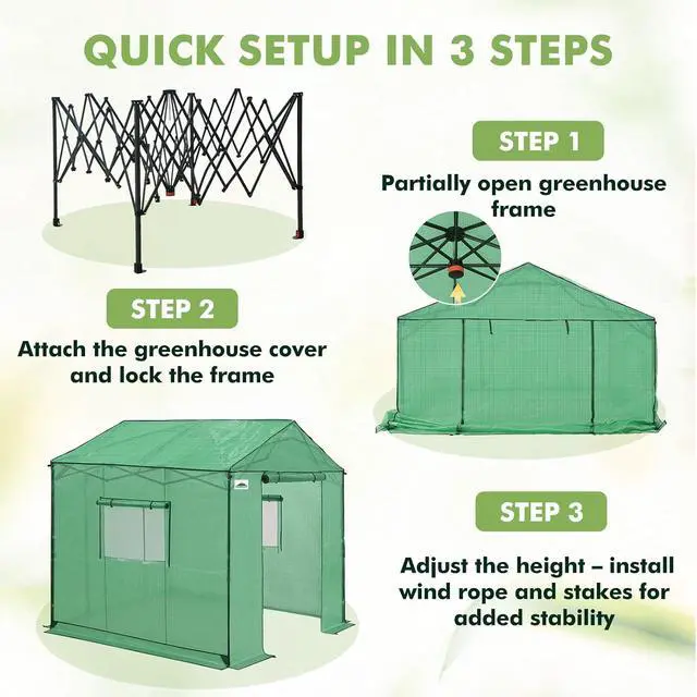 Alt view image 7 of 7 - 8x8 Portable Pop Up Greenhouse, Patented Center Lock Easy One Person Setup, Walk-in Outdoor Greenhouse with Gable Roof, Weight Bags, Zippered Doors & Windows, Green