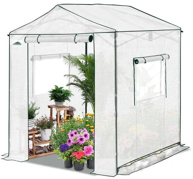 Main image of 6x6 Portable Pop Up Greenhouse, Patented Center Lock Easy One Person Setup, Walk-in Outdoor Greenhouse with Gable Roof, Weight Bags, Zippered Doors & Windows, White