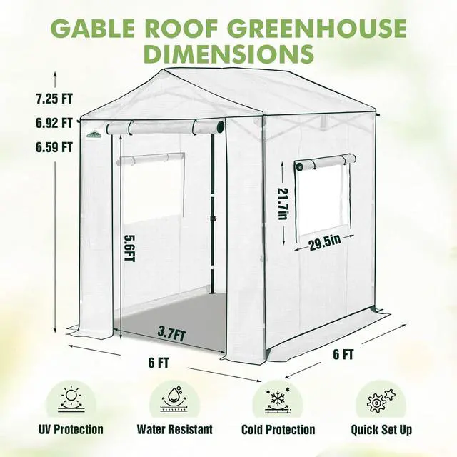 Alt view image 3 of 7 - 6x6 Portable Pop Up Greenhouse, Patented Center Lock Easy One Person Setup, Walk-in Outdoor Greenhouse with Gable Roof, Weight Bags, Zippered Doors & Windows, White