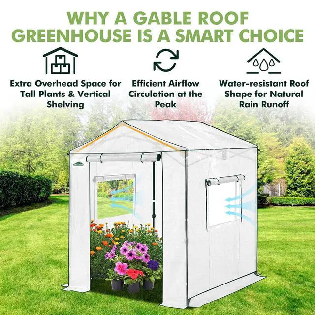 Alt view image 2 of 7 - 6x6 Portable Pop Up Greenhouse, Patented Center Lock Easy One Person Setup, Walk-in Outdoor Greenhouse with Gable Roof, Weight Bags, Zippered Doors & Windows, White