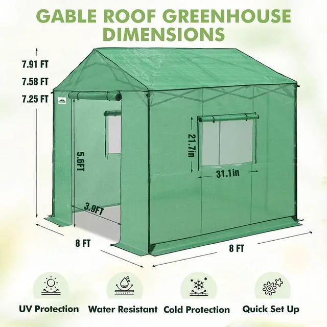 Alt view image 3 of 7 - 8x8 Portable Pop Up Greenhouse, Patented Center Lock Easy One Person Setup, Walk-in Outdoor Greenhouse with Gable Roof, Weight Bags, Zippered Doors & Windows, Green