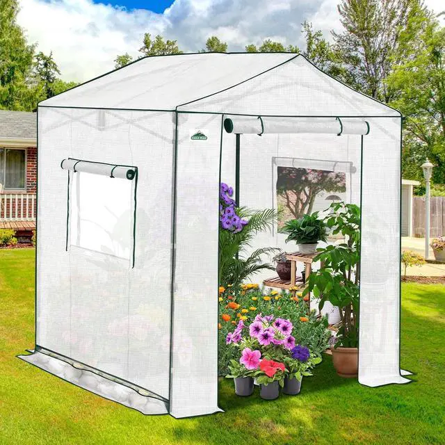 Alt view image 5 of 7 - 6x6 Portable Pop Up Greenhouse, Patented Center Lock Easy One Person Setup, Walk-in Outdoor Greenhouse with Gable Roof, Weight Bags, Zippered Doors & Windows, White